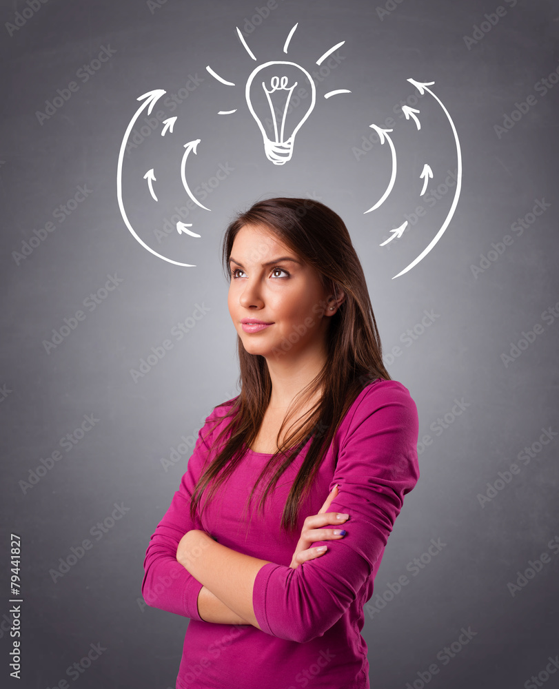 Pretty lady thinking with arrows and light bulb overhead Pretty lady thinking with arrows and light bulb overhead