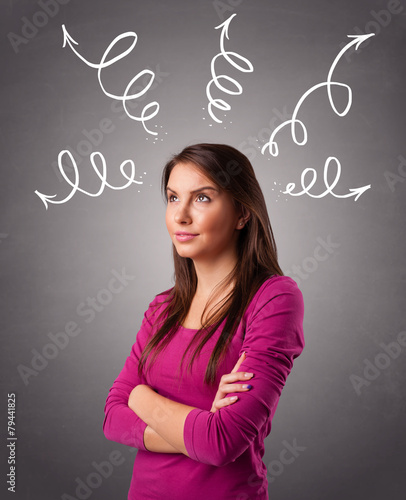 Young woman thinking with arrows overhead