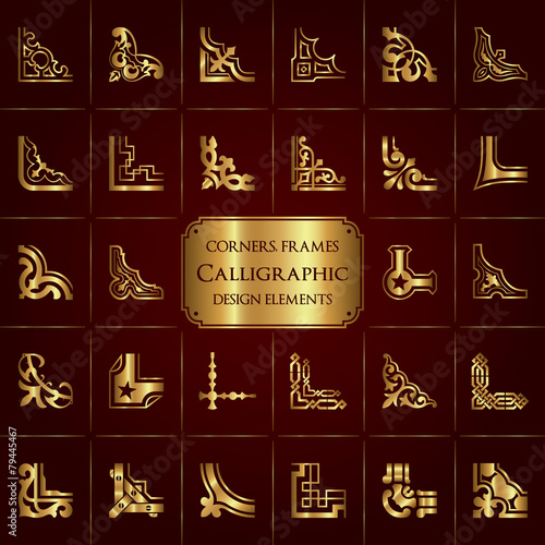 Vector set of 28 calligraphic corners and frames in gold