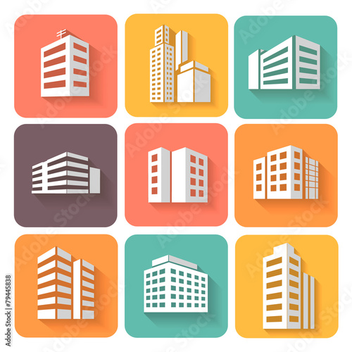 Set of dimensional buildings icons  with shadow
