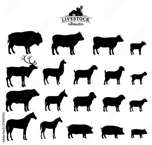 Vector Livestock Silhouettes Isolated on White