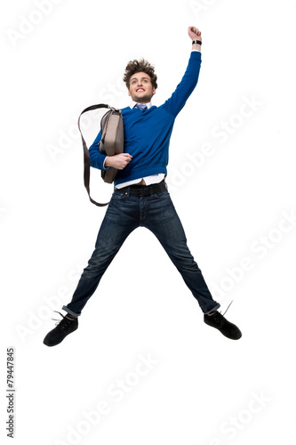 Happy business man jumping with bag over white background