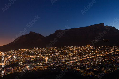 View of Table Mountain at sunrise, Cape Town, South Africa from Lions Head Mountain