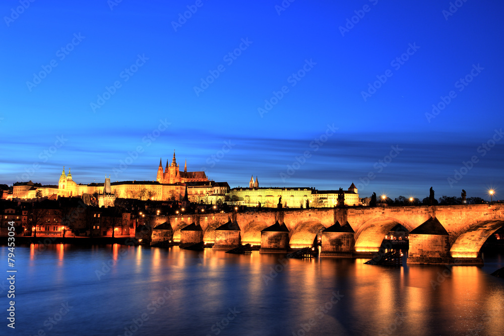 Illuminated Charles Bridge with Prague Castle at Dusk, Prague