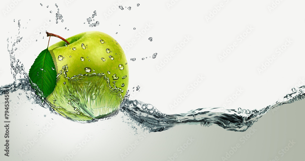 Green Apple amid splashing water. - obrazy, fototapety, plakaty 
