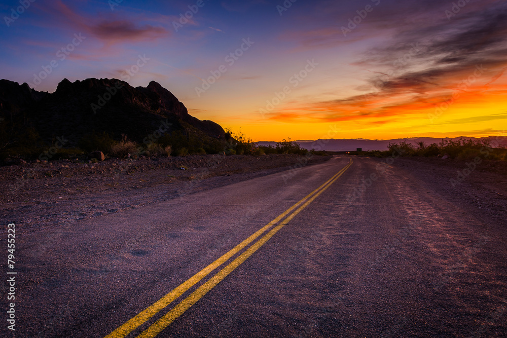 Historic Route 66 at sunset, in Oatman, Arizona.