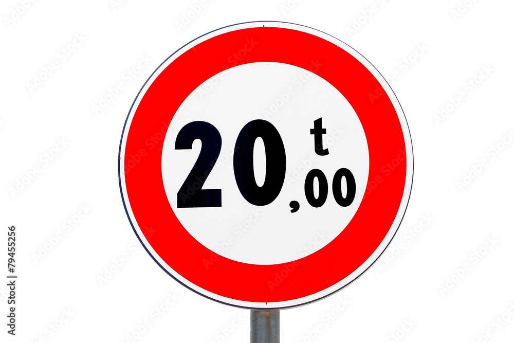 Road sign limitation heavy vehicles 20 twenty tons forbidden Road sign limitation heavy vehicles 20 twenty tons forbidden