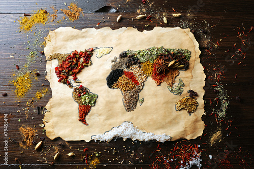 Map of world made from different kinds of spices #79455494