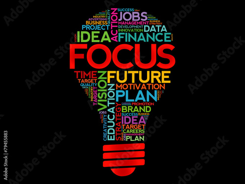 FOCUS bulb word cloud, business concept