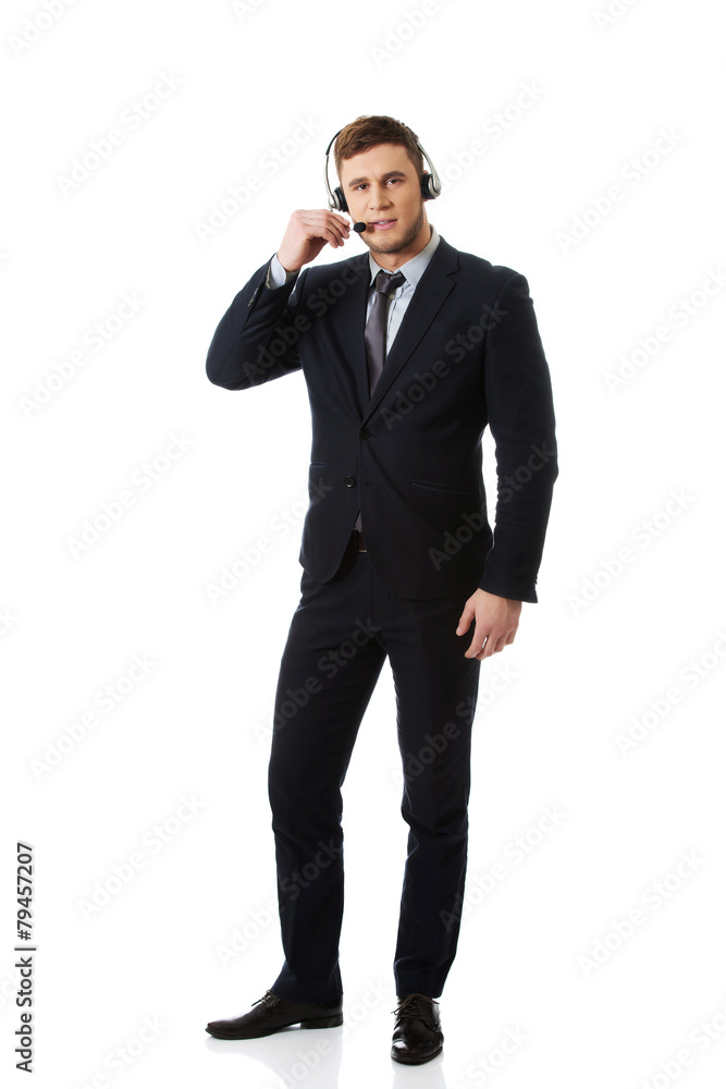 Happy smiling customer support phone operator. Happy smiling customer support phone operator.