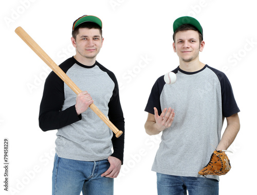 Photography Two handsome young men with bat and glove for baseball isolated