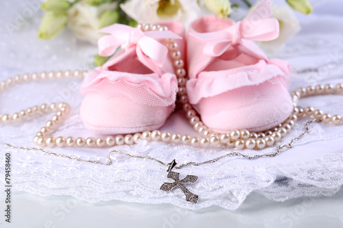 Baby shoe  flowers and cross for Christening