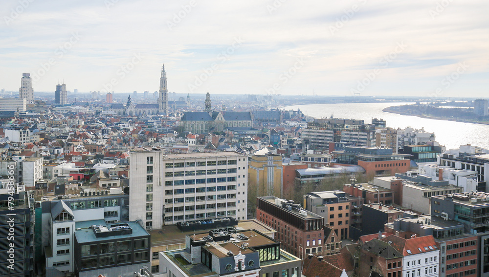 Aerial view on the center of Antwerp and the Scheldt