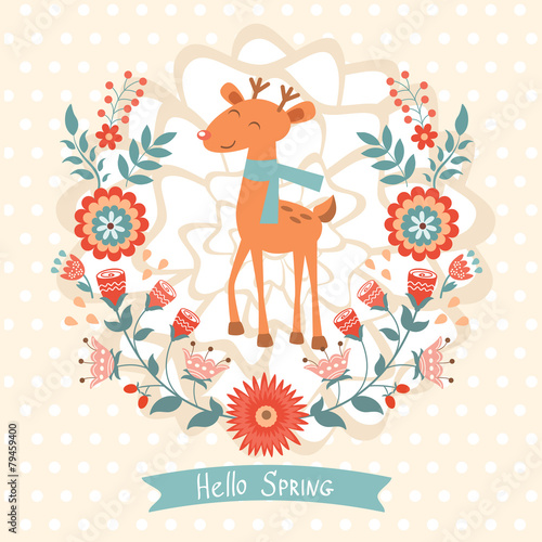 Hello spring concept card with deer © olillia