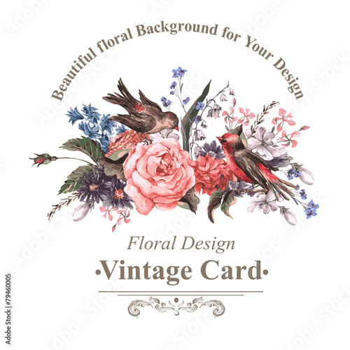 Vintage Greeting Card with Flowers and Birds.