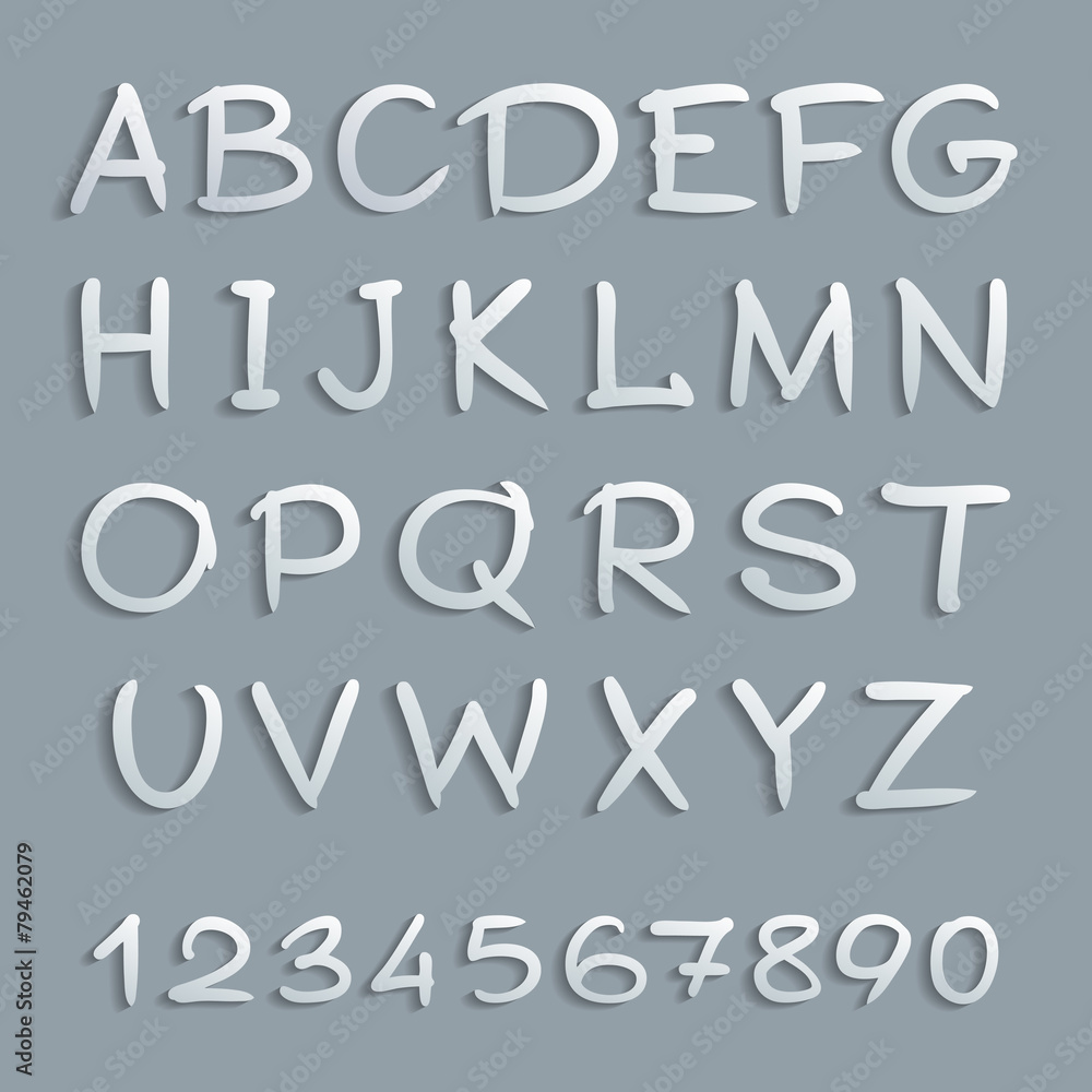 Handwritten alphabet with shadows and numbers. Vector