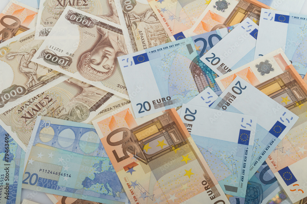 Old Greek 1000 drachmas banknotes and euro bills. Old Greek 1000 drachmas banknotes and euro bills.