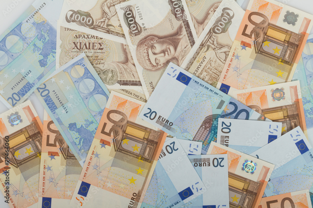 Old Greek 1000 drachmas banknotes and euro bills. Old Greek 1000 drachmas banknotes and euro bills.
