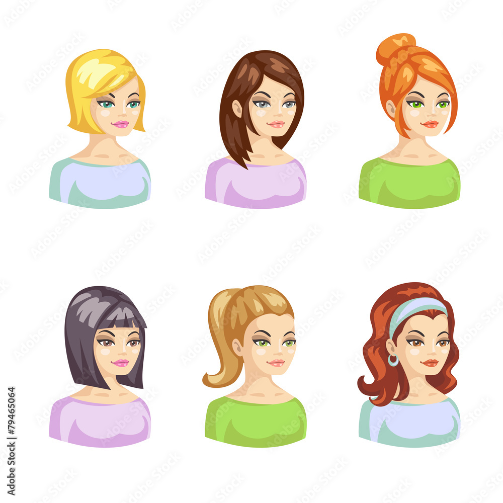 Young pertty woman cartoon avatars set with various hairstyles Young pertty woman cartoon avatars set with various hairstyles