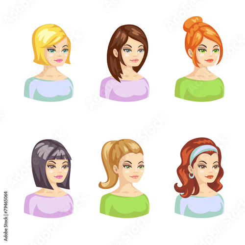 Young pertty woman cartoon avatars set with various hairstyles