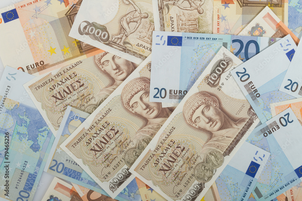 Old Greek 1000 drachmas banknotes and euro bills. Old Greek 1000 drachmas banknotes and euro bills.