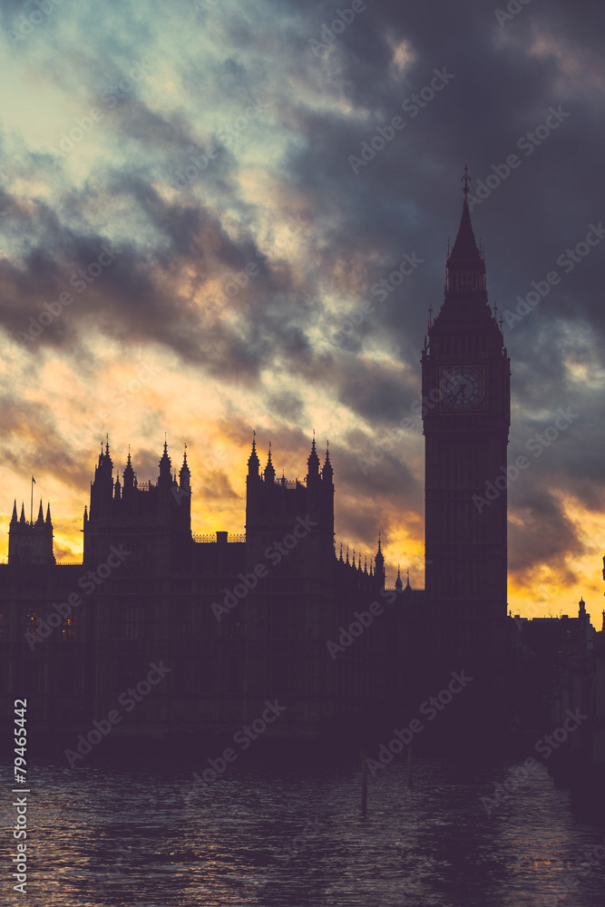 Westminster palace and Big Ben in London at sunset