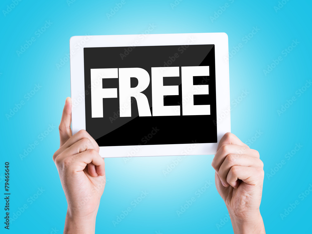 Tablet pc with text Free with blue background Tablet pc with text Free with blue background