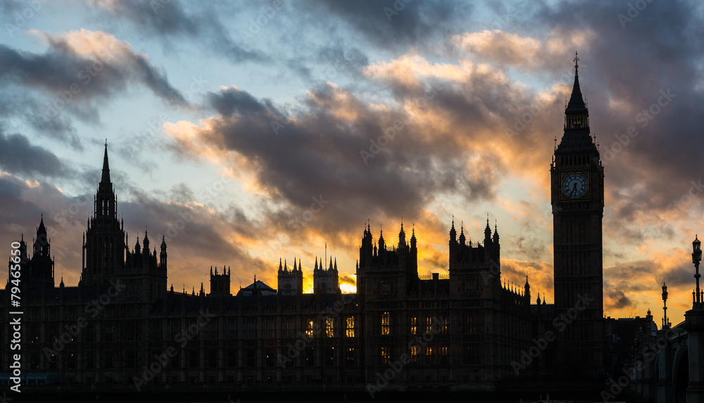 Westminster palace and Big Ben in London at sunset