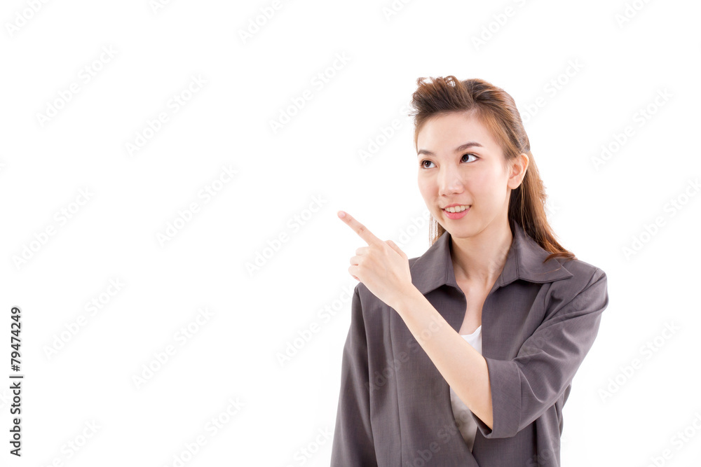 young woman business executive pointing up something, presenting young woman business executive pointing up something, presenting