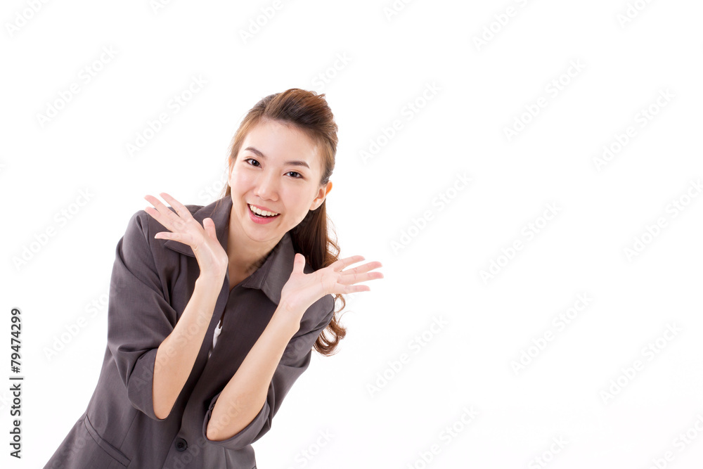 exited business woman looking at camera, white isolated exited business woman looking at camera, white isolated