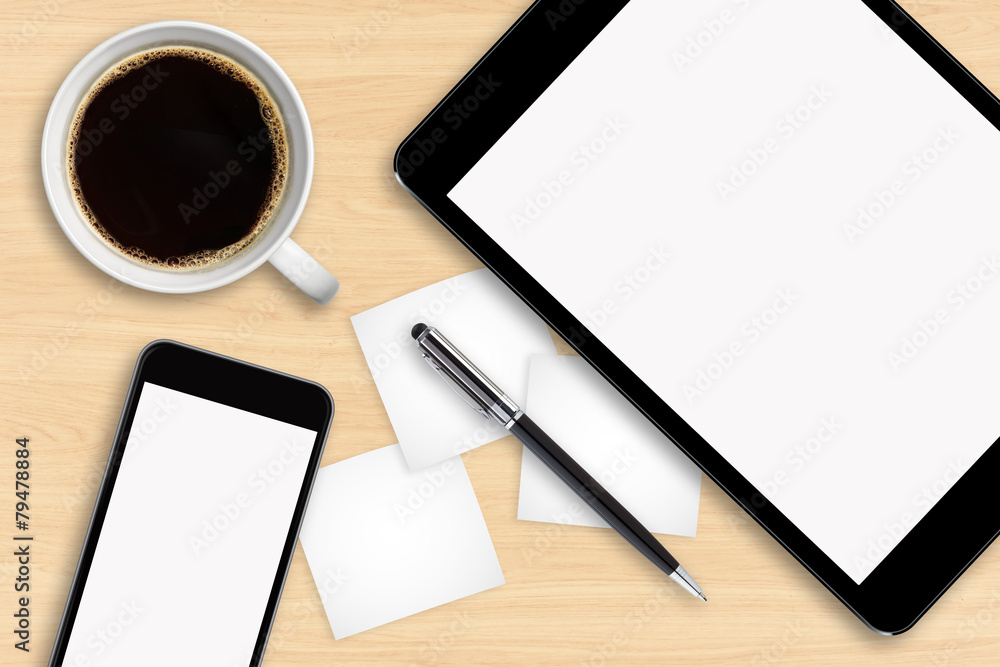 Workplace with mobile phone and tablet Workplace with mobile phone and tablet