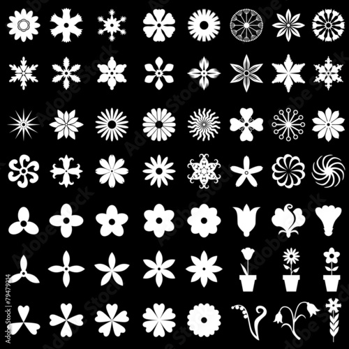 64 flowers icons set on black background
