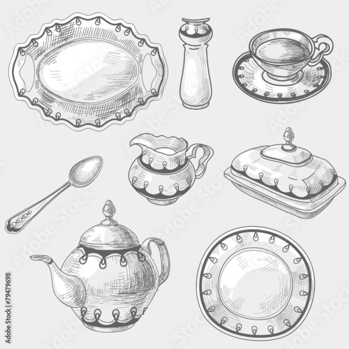 Hand drawn doodle sketch kitchen porcelain utensils, kitchenware