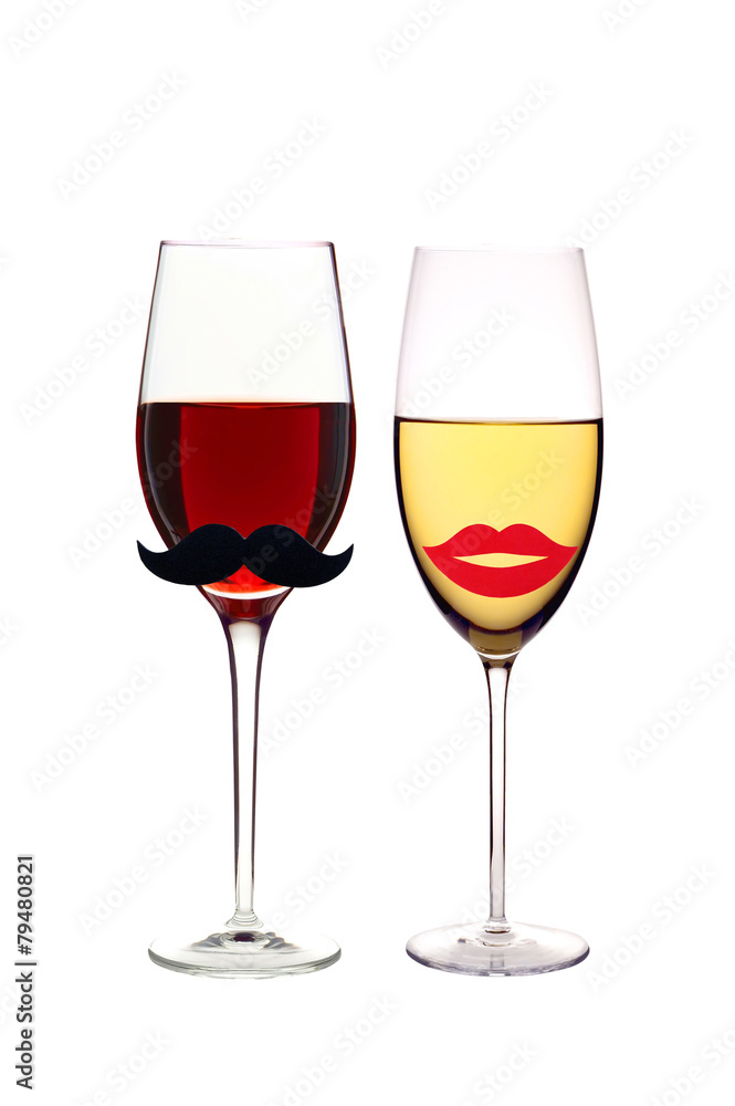 glasses of red and white wine isolated on white