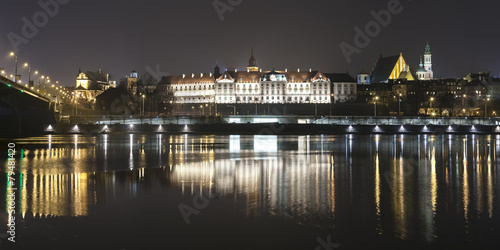 Panoramic view of Warsaw waterfront by night, Poland.