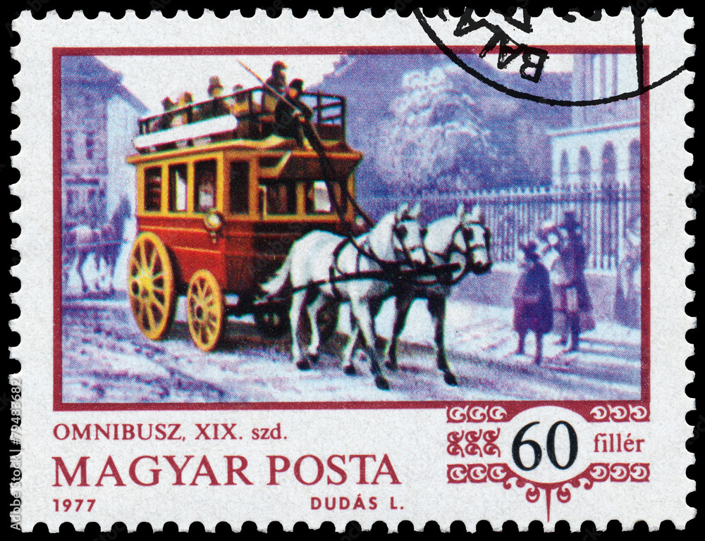 Stamp printed in the Hungary shows horse-drawn omnibus
