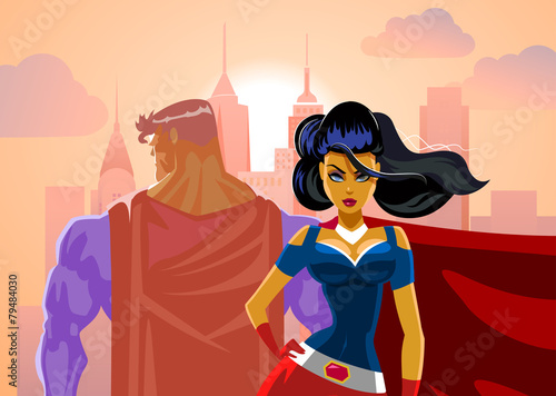 Superhero Couple: Male and female superheroes. Back to a back. P