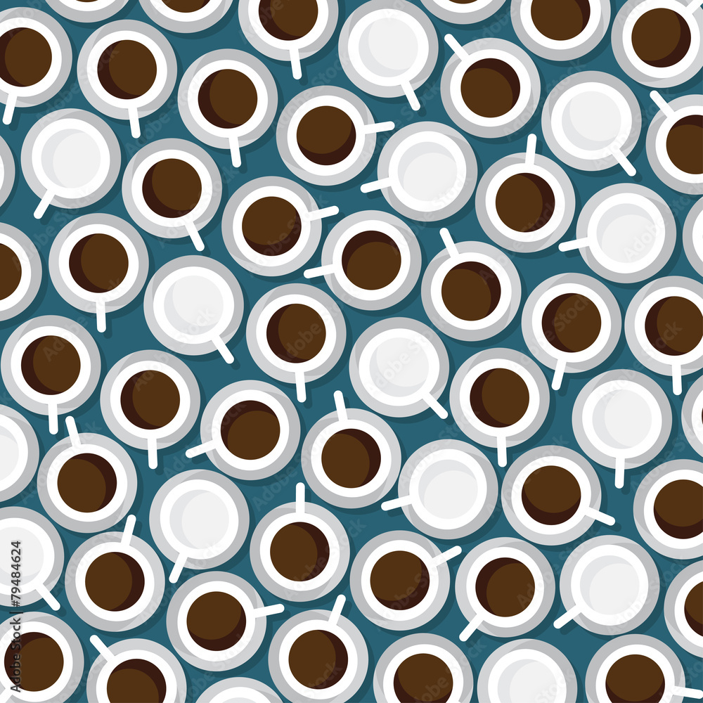 Many cups of coffee on blue tablecloth, top view