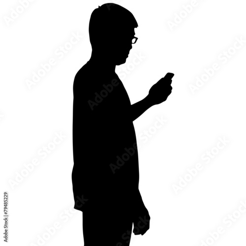 Silhouette man looking at smartphone on hand isolated on white b
