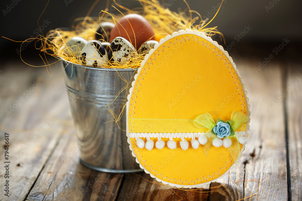 yellow easter card and quail eggs in a bucket, Easter decoration - obrazy, fototapety, plakaty 