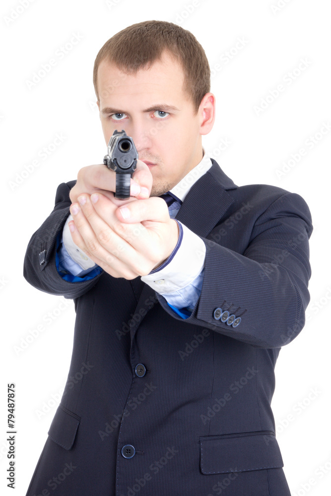 serious man in business suit aiming gun isolated on white serious man in business suit aiming gun isolated on white