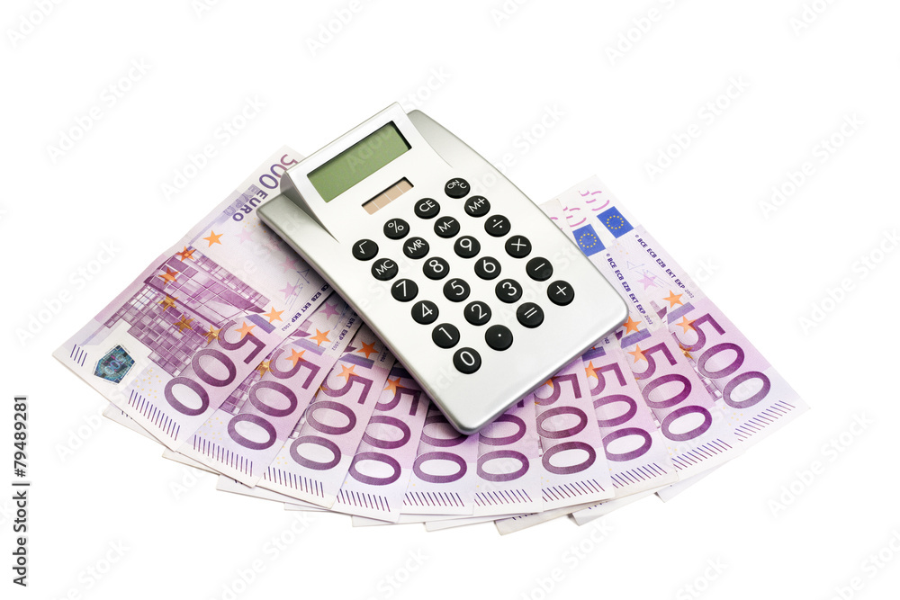 Calculator upon ten European currency bills of 500 Euros isolated on white background Calculator upon ten European currency bills of 500 Euros isolated on white background