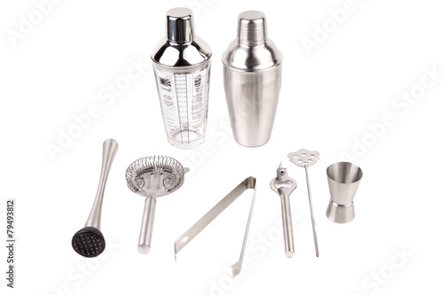 Cocktail shakers, strainer and jigger - Stock Image