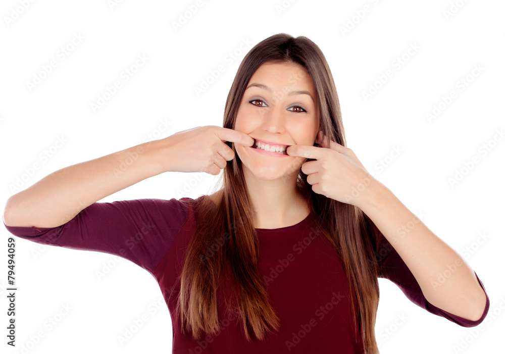 Funny young girl forcing the smile with the hands Funny young girl forcing the smile with the hands