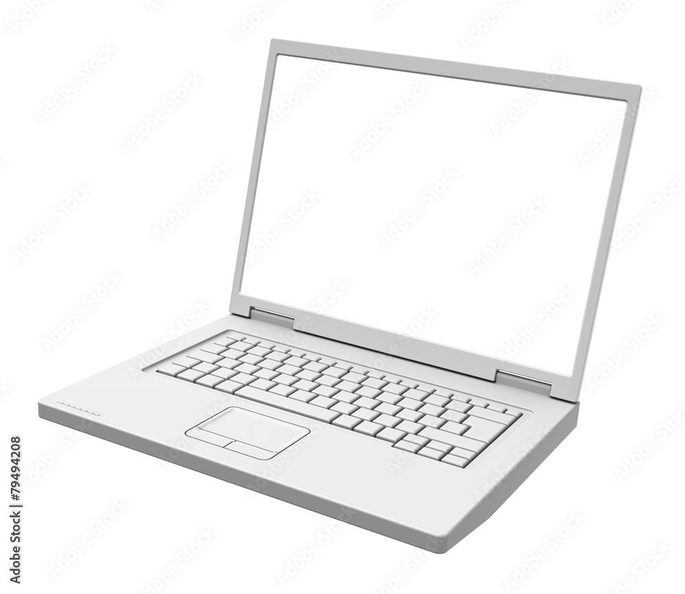 Laptop with blank white screen isolated over white. Laptop with blank white screen isolated over white.