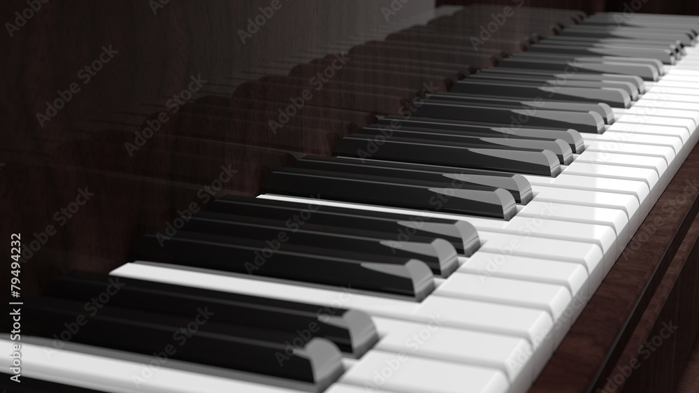 Naklejka premium Brown piano keys side view, closeup background