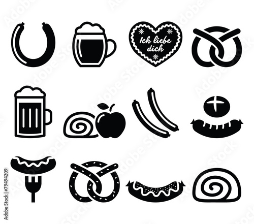 German food - sausage, curry wurst, beer, pretzel, apple strudel