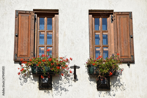 Windows of an old building with flowers