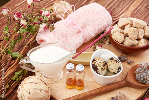 Composition of spa treatment on wooden background