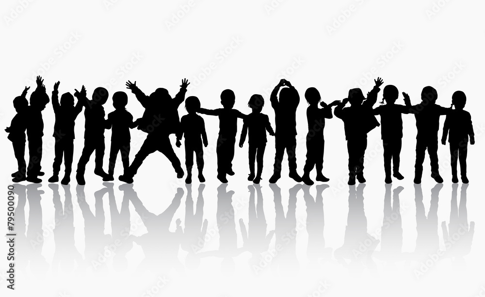 children silhouettes dancing together children silhouettes dancing together